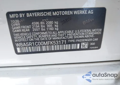 2021 BMW 330I из США, поврежденный, VIN WBA5R1C00MFK53171